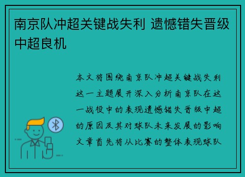 南京队冲超关键战失利 遗憾错失晋级中超良机